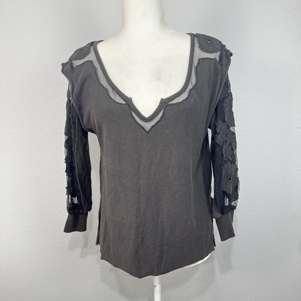 Free People New Romantics Shirt Women's XS Brown Sheer Mesh Lace Applique Sleeve